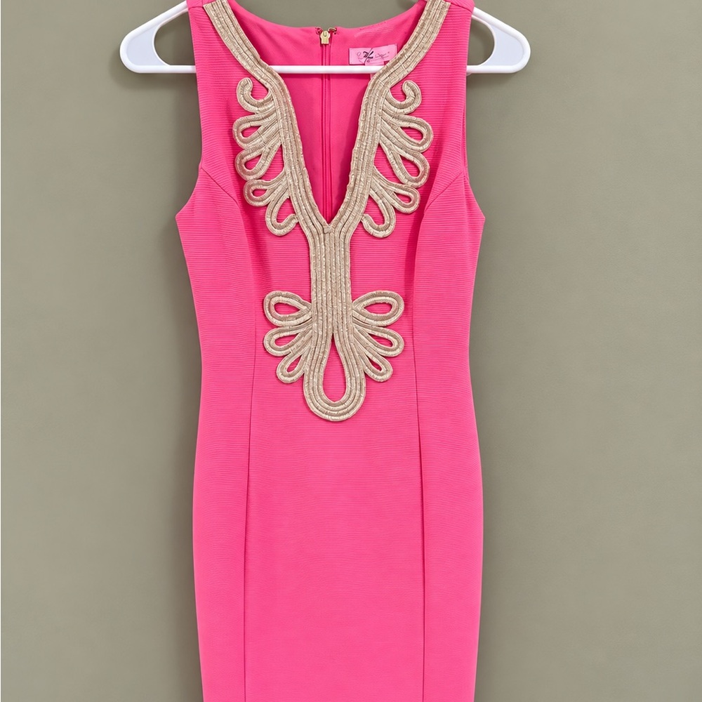 Lilly Pulitzer Hot Pink Midi Dress with Gold Rosette Trim